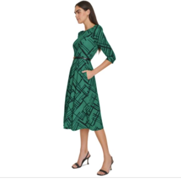 Calvin Klein Geometric Belted MIDI Women's Dress Pine Black : 10, Polyester/Span - Picture 4 of 4